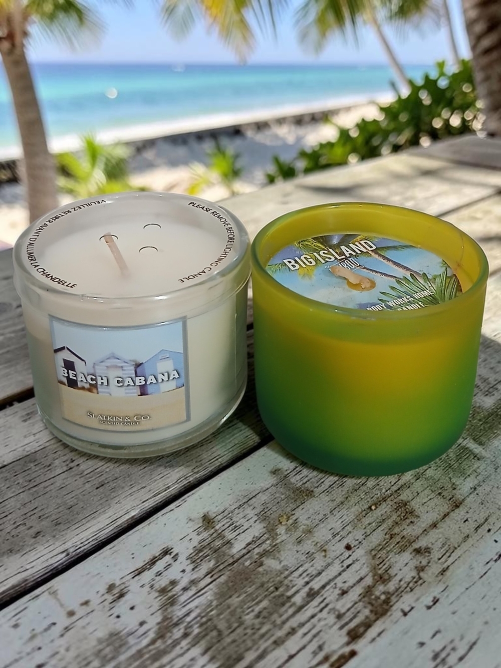 Bath & Body Works Beach Cabana & Big Island Green-Yellow Candle Duo